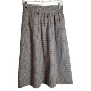 Vintage Pan-her 26 Wool Blend‎ A-line Midi Skirt Window Pane Plaid Pockets Gray